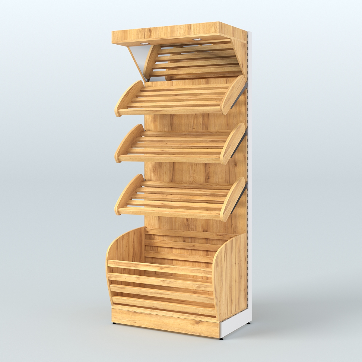 Стеллаж для продажи хлеба и выпечки с нижней корзиной - накопителем и зеркальным фризом СХНФ-01 Дуб Золотистый