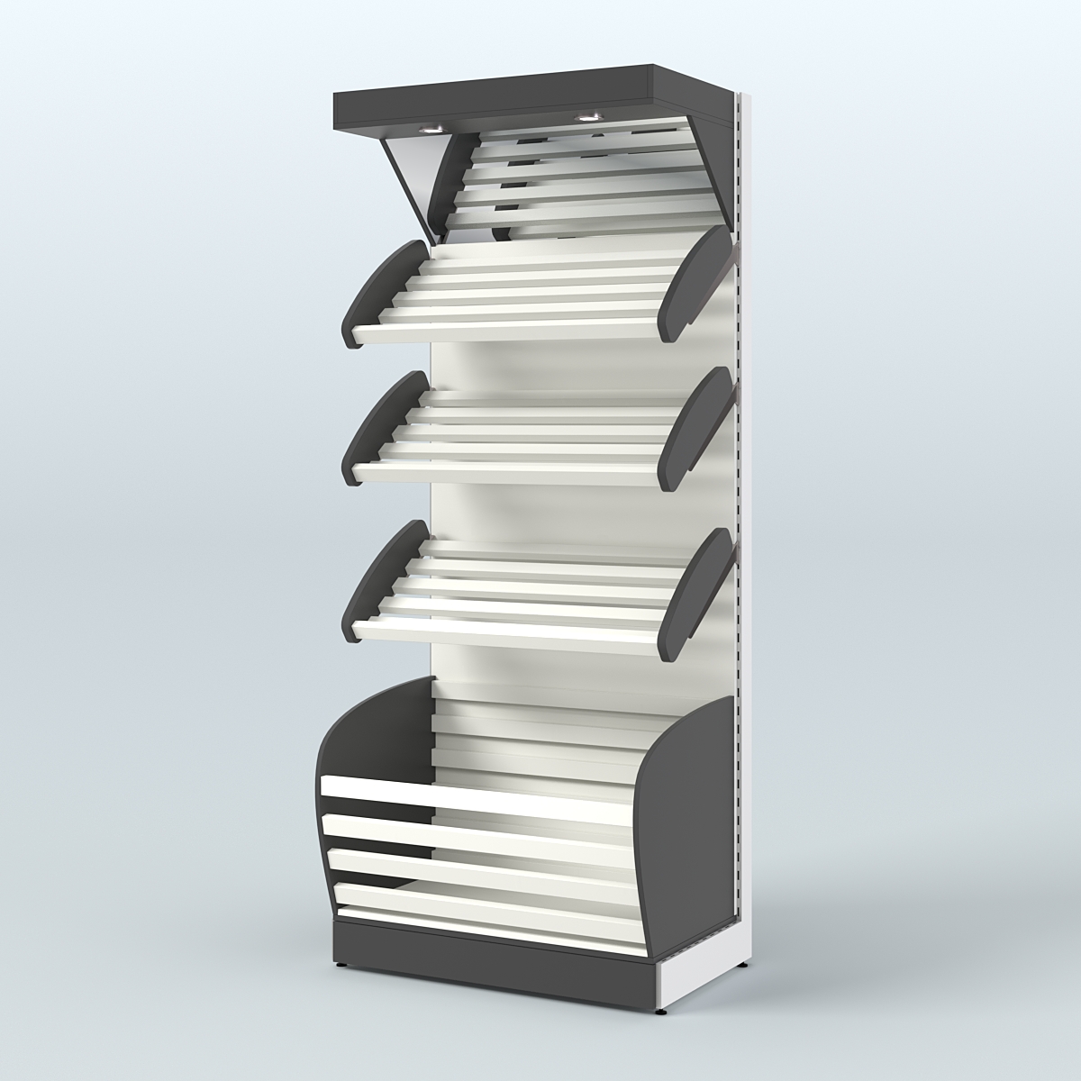 Стеллаж для продажи хлеба и выпечки с нижней корзиной - накопителем и зеркальным фризом СХНФ-01 Черный и Белый