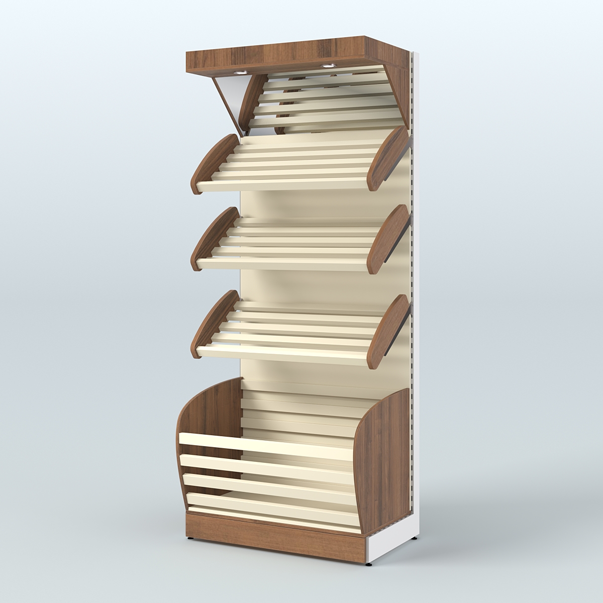 Стеллаж для продажи хлеба и выпечки с нижней корзиной - накопителем и зеркальным фризом СХНФ-01 Орех + Крем Вайс