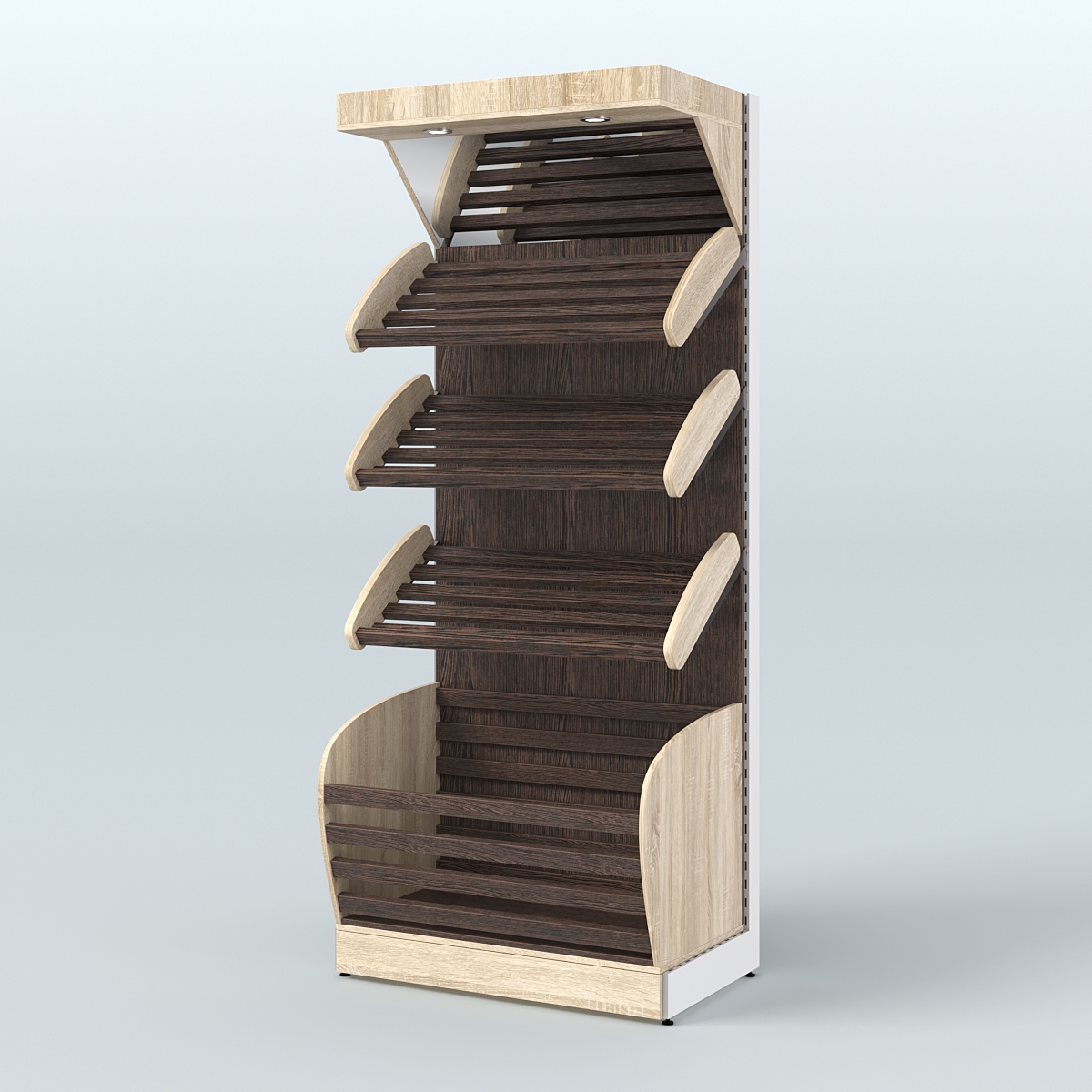 Стеллаж для продажи хлеба и выпечки с нижней корзиной - накопителем и зеркальным фризом СХНФ-01 Дуб Сонома + Дуб Венге