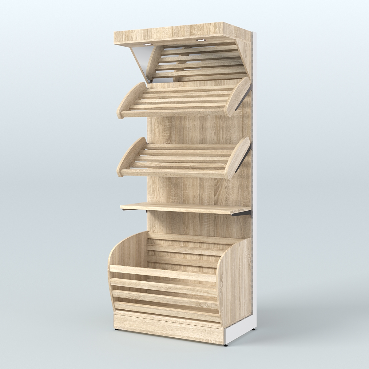 Широкий стеллаж для продажи хлеба и выпечки с нижней корзиной - накопителем и зеркальным фризом СХНФ-02 Дуб сонома