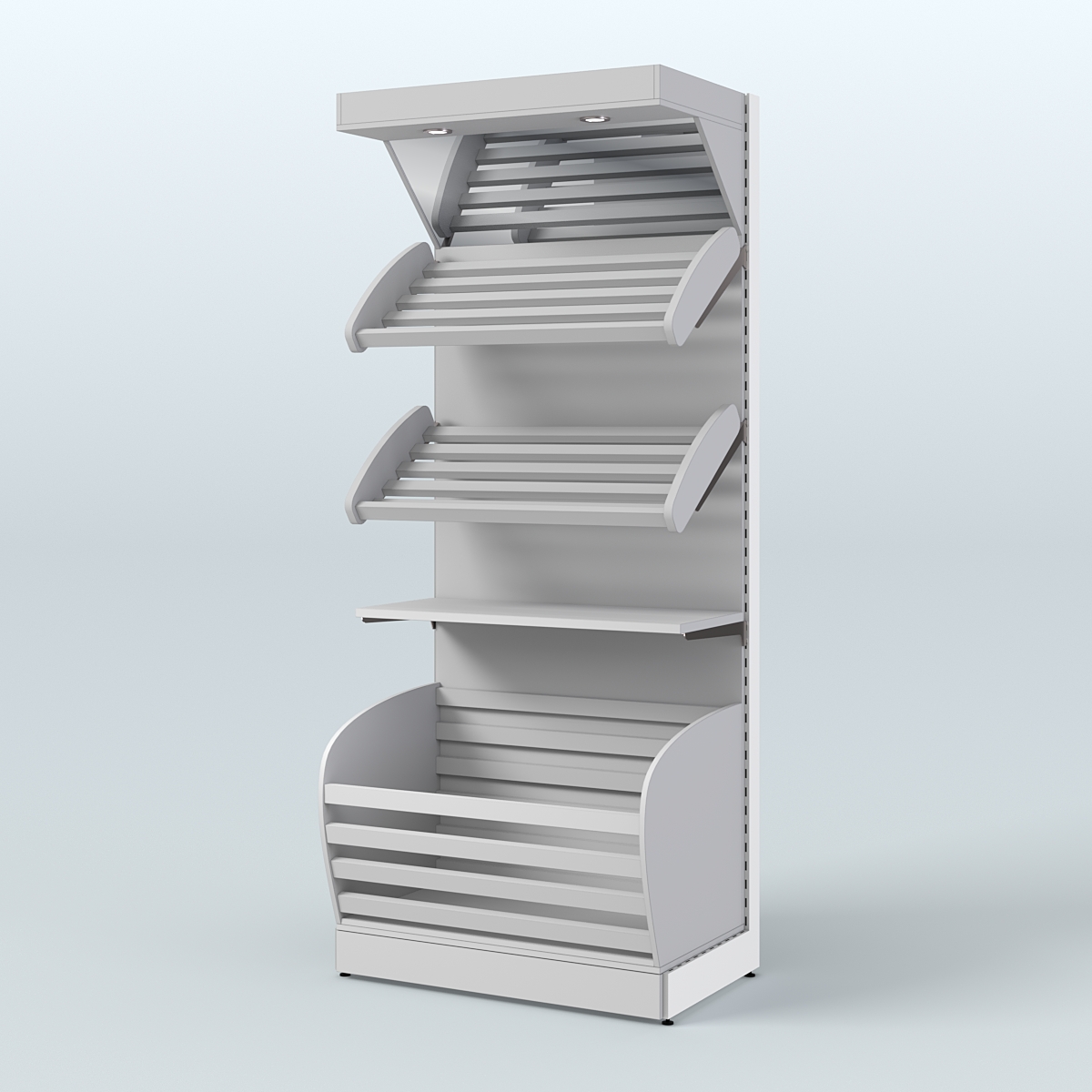 Широкий стеллаж для продажи хлеба и выпечки с нижней корзиной - накопителем и зеркальным фризом СХНФ-02 Серый