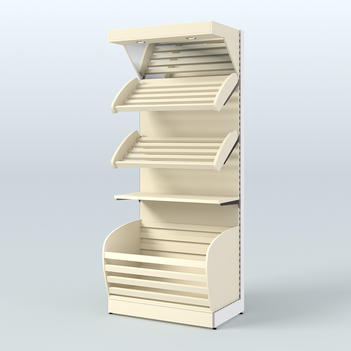 Широкий стеллаж для продажи хлеба и выпечки с нижней корзиной - накопителем и зеркальным фризом СХНФ-02 Крем Вайс