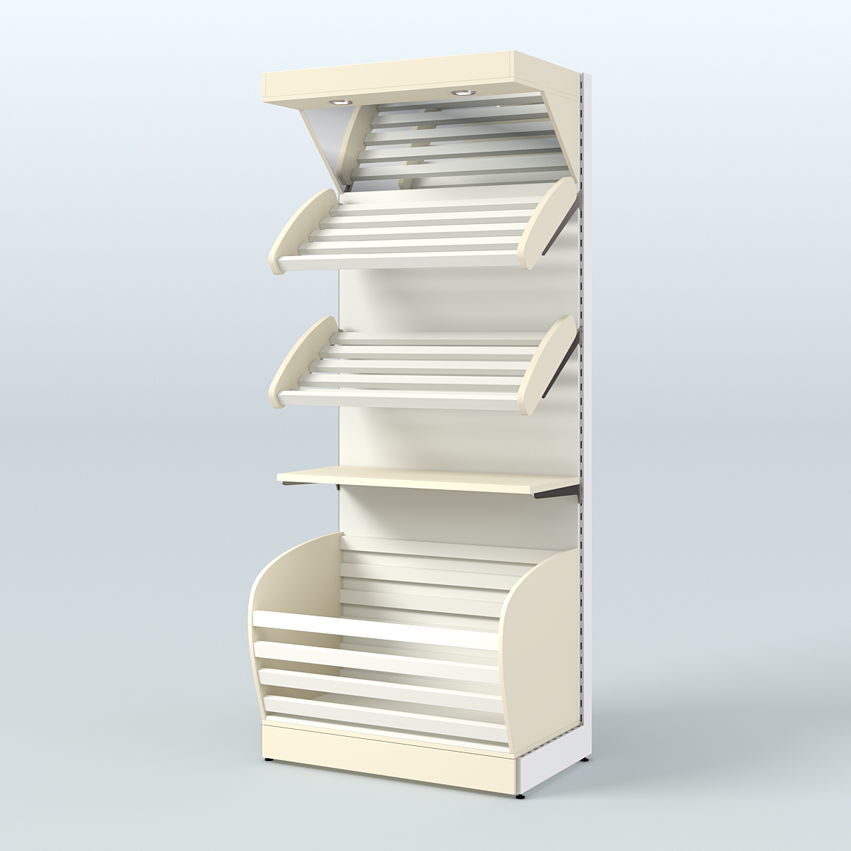 Широкий стеллаж для продажи хлеба и выпечки с нижней корзиной - накопителем и зеркальным фризом СХНФ-02 Крем Вайс + Белый