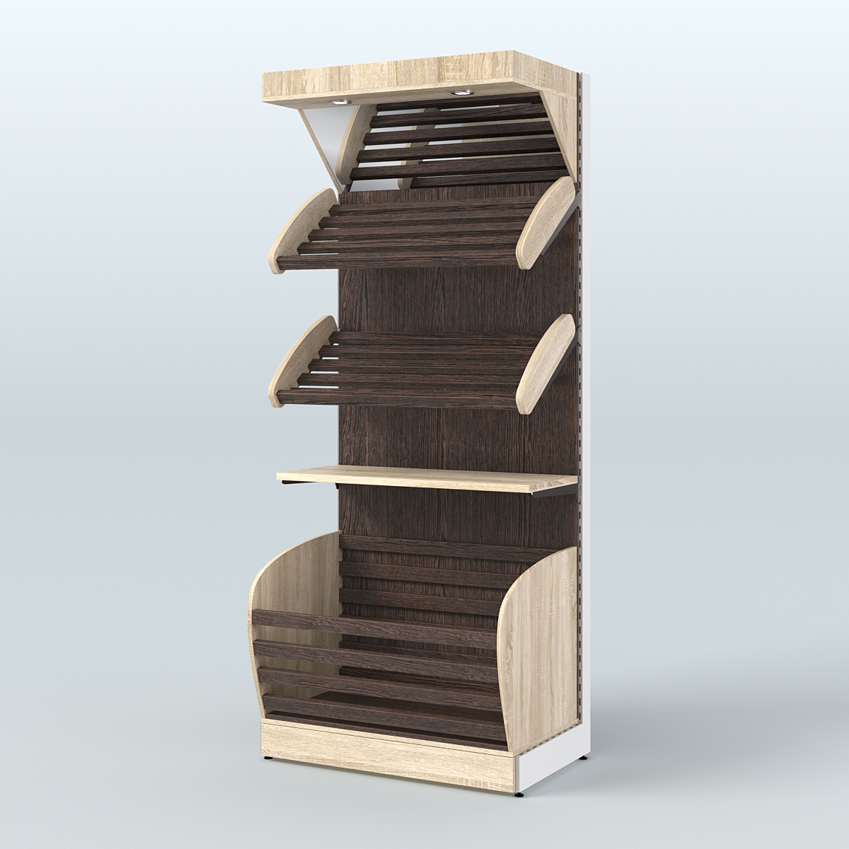 Широкий стеллаж для продажи хлеба и выпечки с нижней корзиной - накопителем и зеркальным фризом СХНФ-02 Дуб Сонома + Дуб Венге