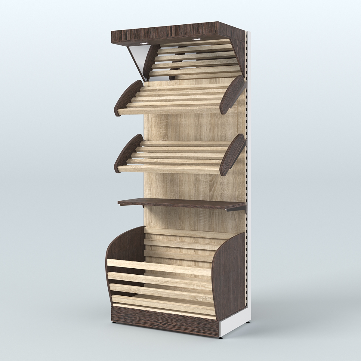 Широкий стеллаж для продажи хлеба и выпечки с нижней корзиной - накопителем и зеркальным фризом СХНФ-02 Дуб Венге + Дуб Сонома