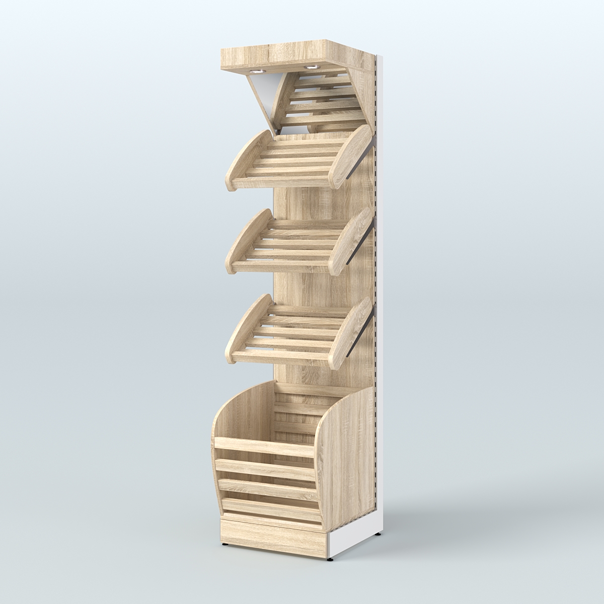 Пристенный стеллаж для продажи хлеба и выпечки с нижней корзиной и зеркальным фризом СХНФ-03 Дуб сонома
