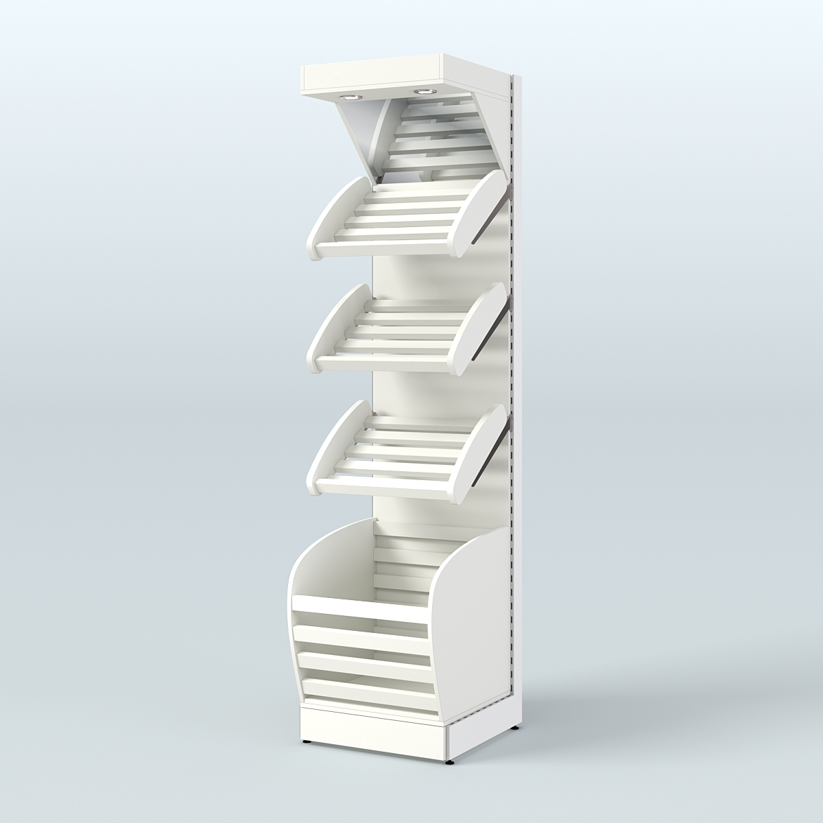 Пристенный стеллаж для продажи хлеба и выпечки с нижней корзиной и зеркальным фризом СХНФ-03 Белый