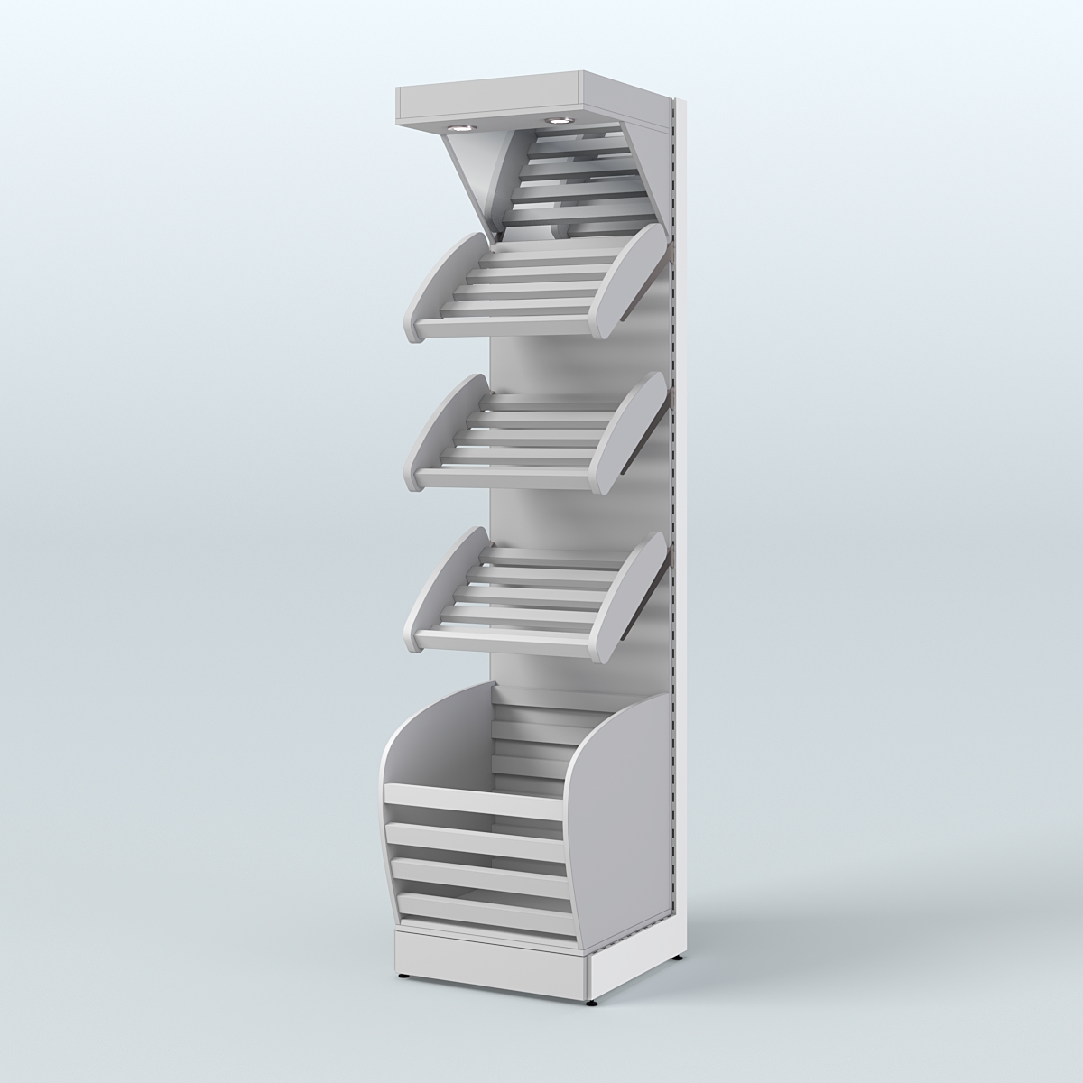 Пристенный стеллаж для продажи хлеба и выпечки с нижней корзиной и зеркальным фризом СХНФ-03 Серый