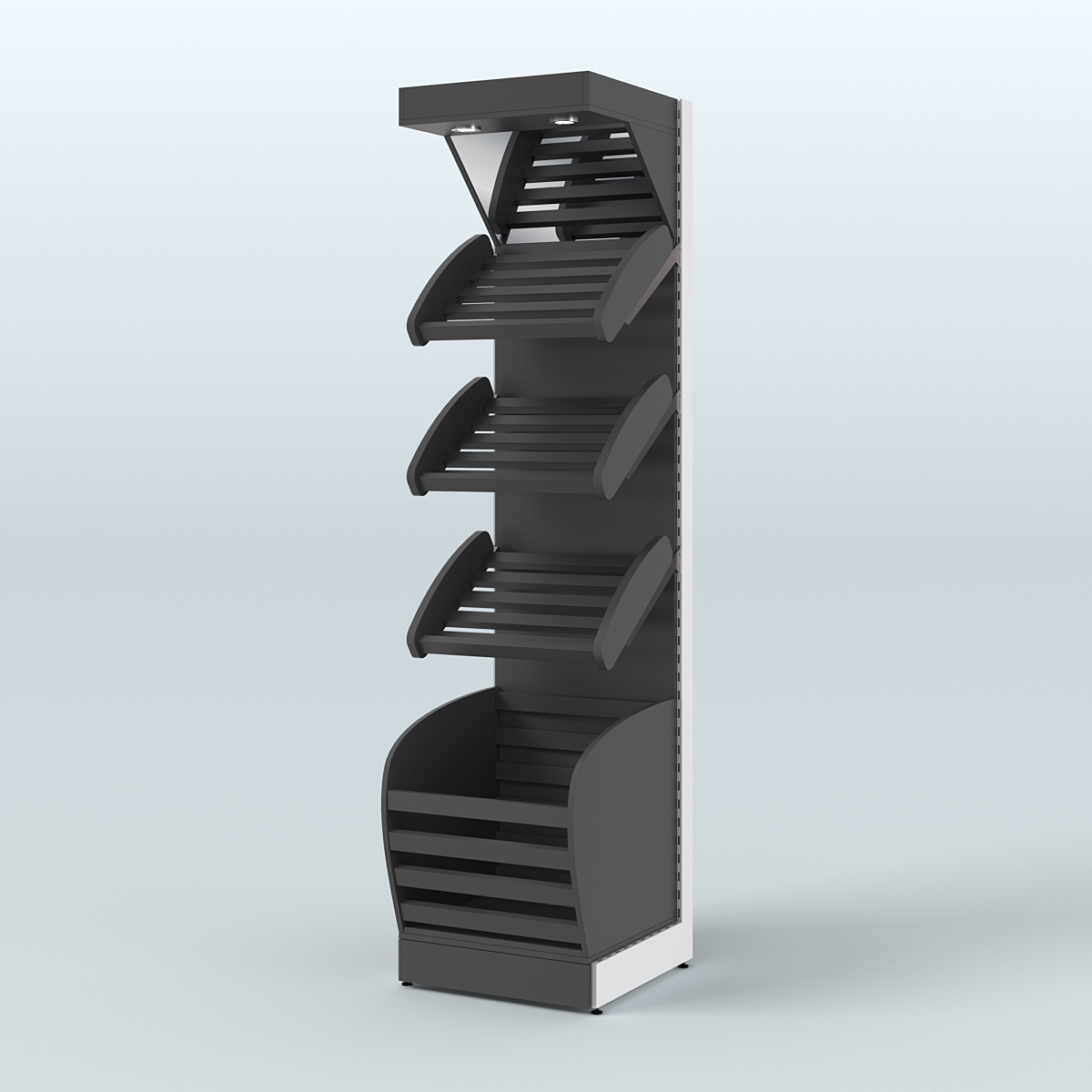 Пристенный стеллаж для продажи хлеба и выпечки с нижней корзиной и зеркальным фризом СХНФ-03 Черный