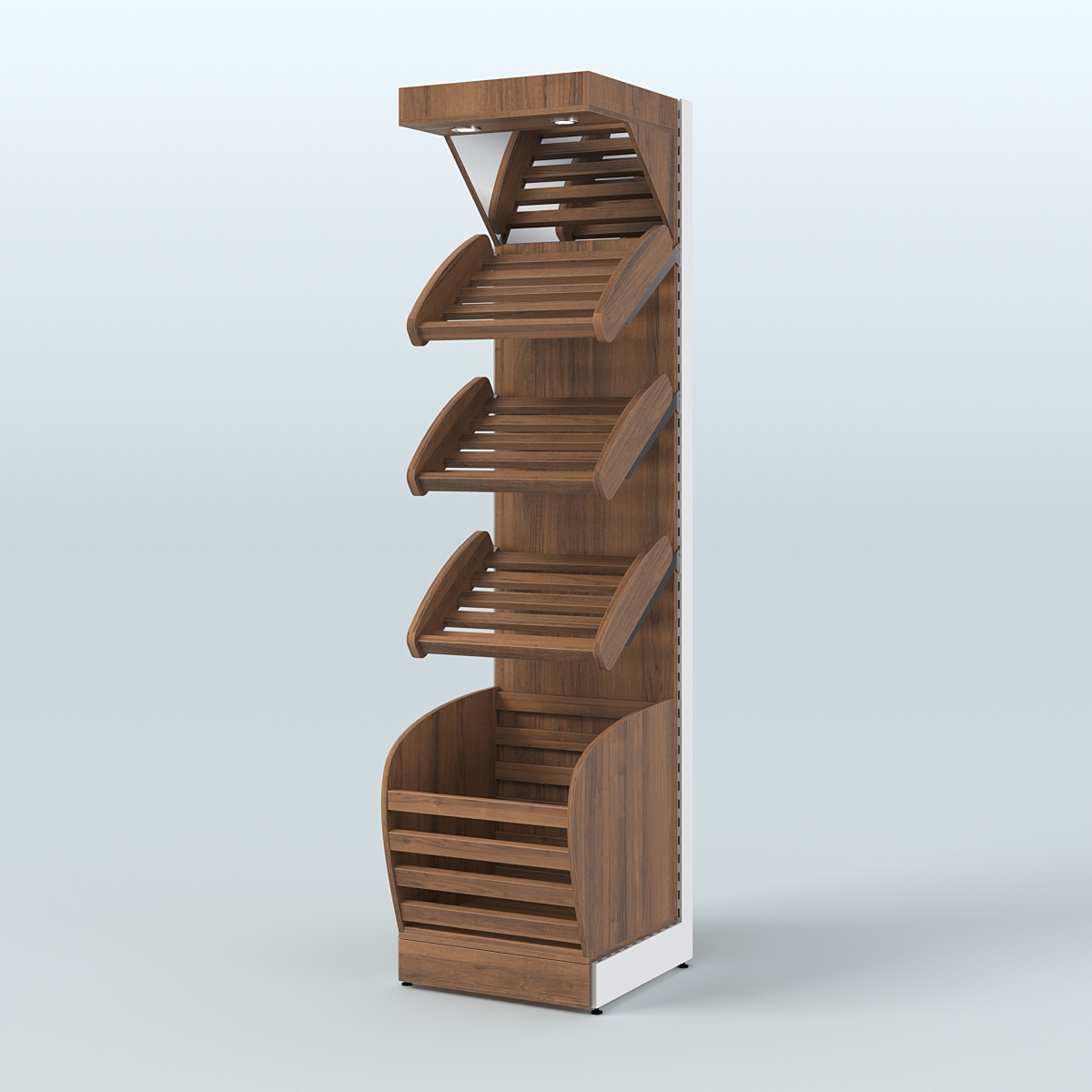 Пристенный стеллаж для продажи хлеба и выпечки с нижней корзиной и зеркальным фризом СХНФ-03 Орех