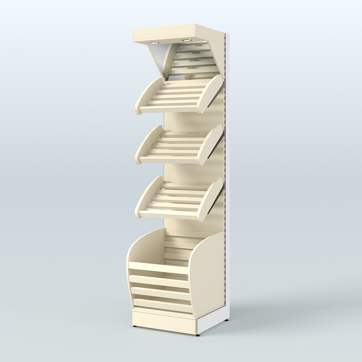 Пристенный стеллаж для продажи хлеба и выпечки с нижней корзиной и зеркальным фризом СХНФ-03 Крем Вайс