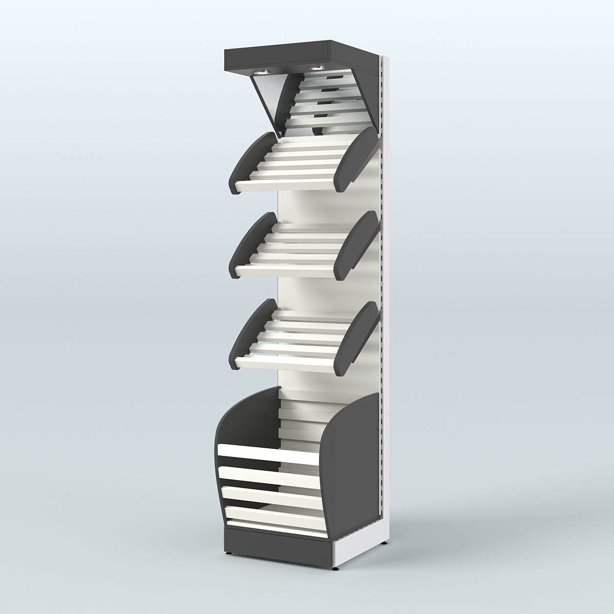Пристенный стеллаж для продажи хлеба и выпечки с нижней корзиной и зеркальным фризом СХНФ-03 Черный и Белый