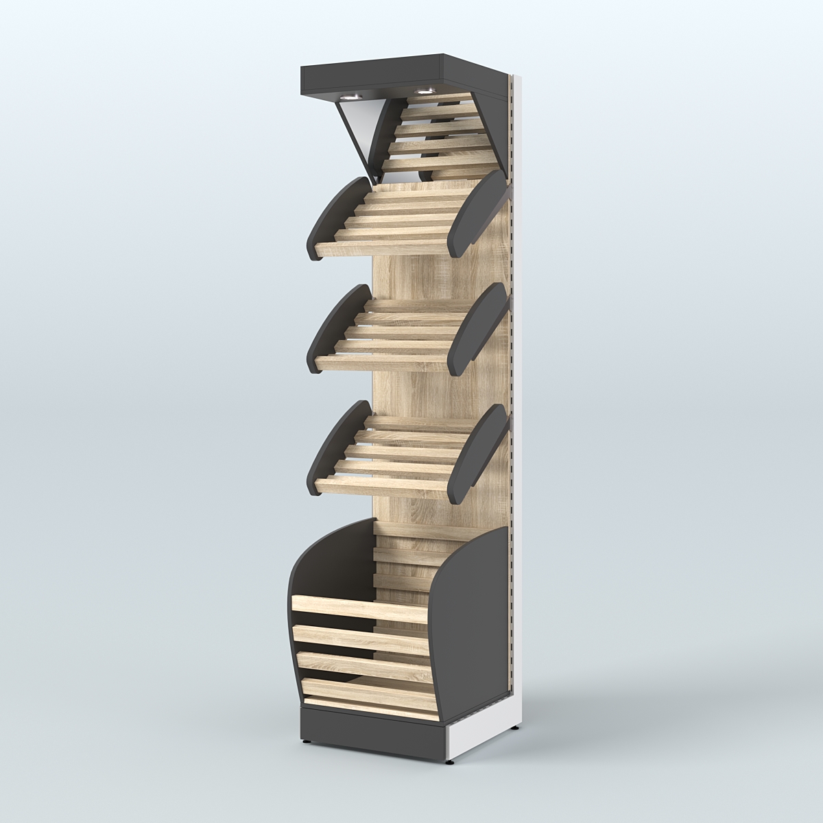 Пристенный стеллаж для продажи хлеба и выпечки с нижней корзиной и зеркальным фризом СХНФ-03 Черный + Дуб Сонома