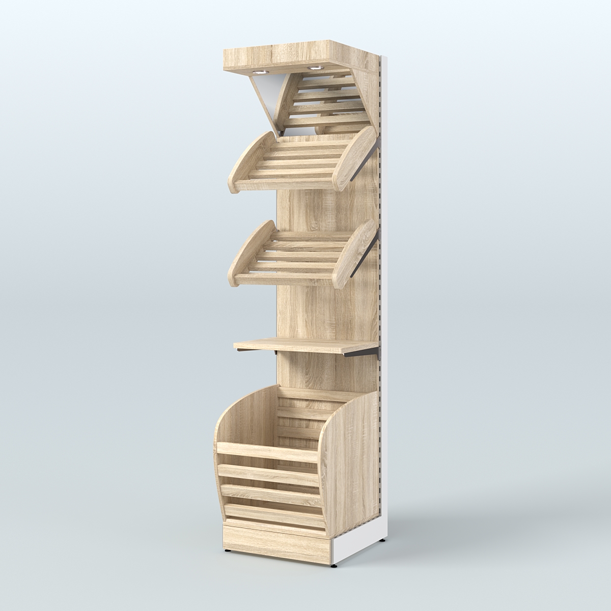 Узкий стеллаж для продажи хлеба и выпечки с нижней корзиной - накопителем и зеркальным фризом СХНФ-04 Дуб сонома