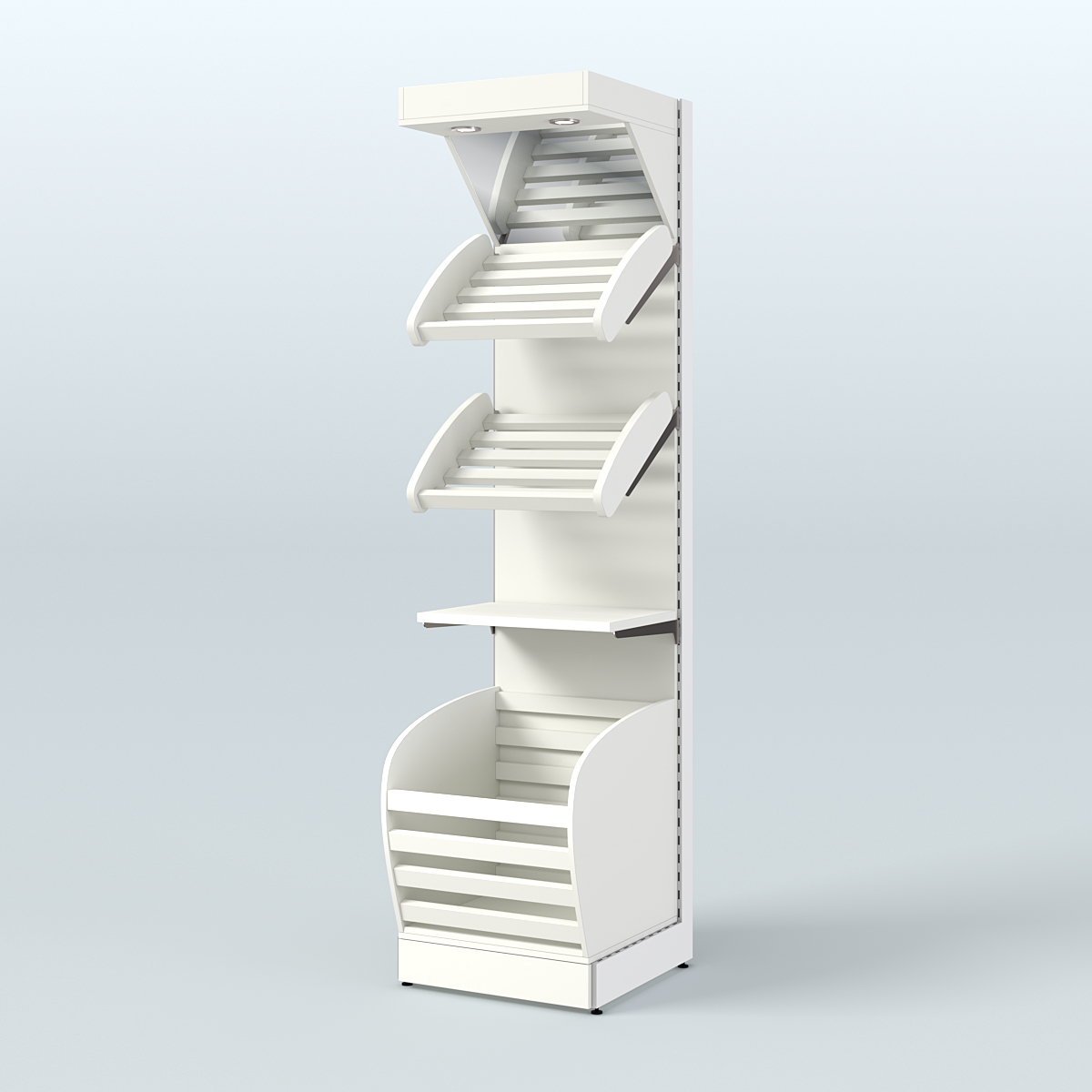 Узкий стеллаж для продажи хлеба и выпечки с нижней корзиной - накопителем и зеркальным фризом СХНФ-04 Белый