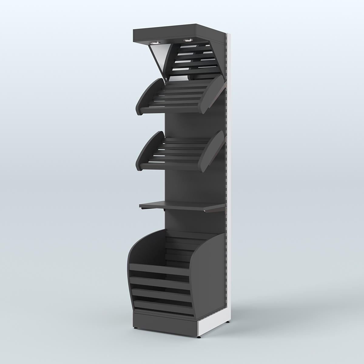 Узкий стеллаж для продажи хлеба и выпечки с нижней корзиной - накопителем и зеркальным фризом СХНФ-04 Черный