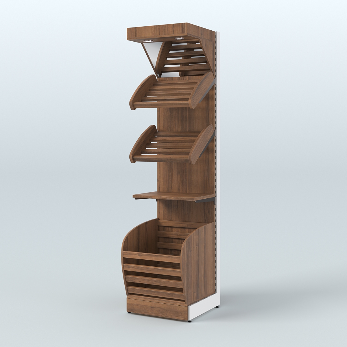 Узкий стеллаж для продажи хлеба и выпечки с нижней корзиной - накопителем и зеркальным фризом СХНФ-04 Орех