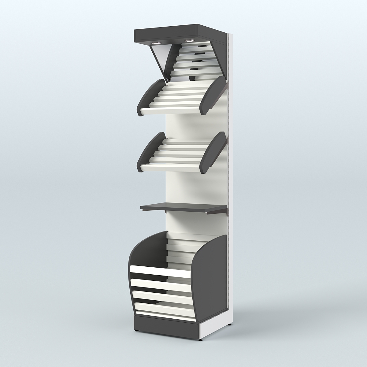 Узкий стеллаж для продажи хлеба и выпечки с нижней корзиной - накопителем и зеркальным фризом СХНФ-04 Черный и Белый