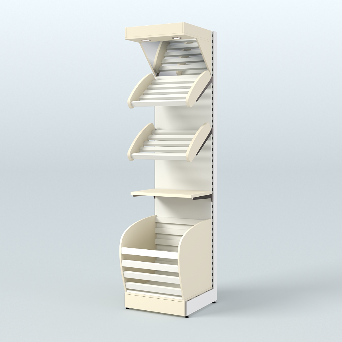 Узкий стеллаж для продажи хлеба и выпечки с нижней корзиной - накопителем и зеркальным фризом СХНФ-04 Крем Вайс + Белый