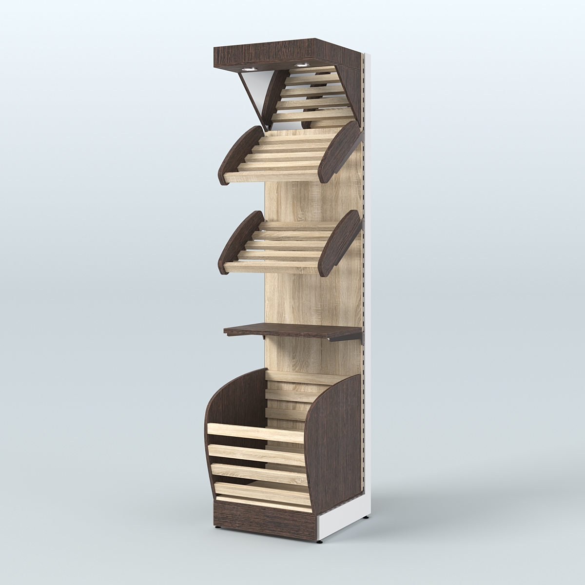 Узкий стеллаж для продажи хлеба и выпечки с нижней корзиной - накопителем и зеркальным фризом СХНФ-04 Дуб Венге + Дуб Сонома