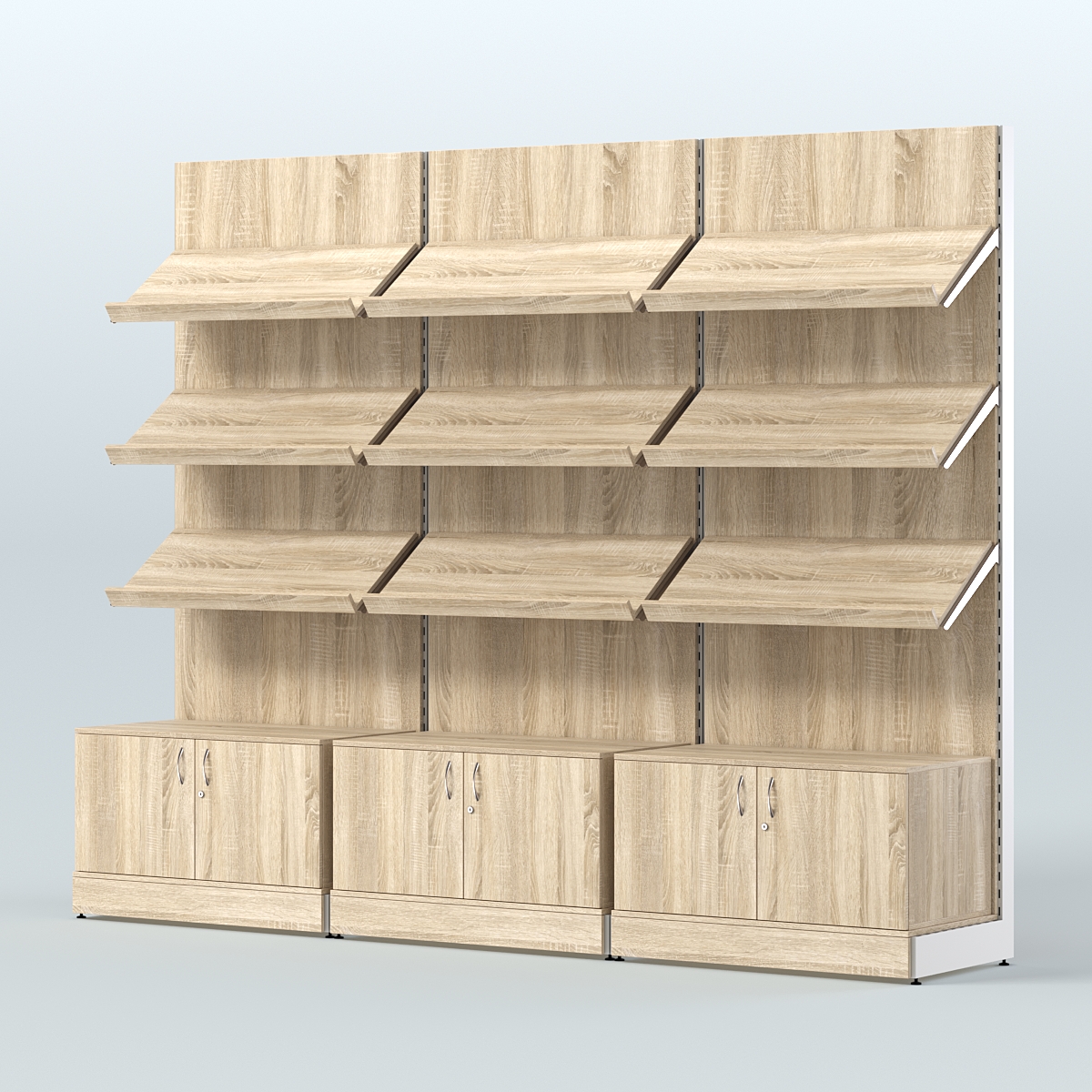 Стеллаж для хлеба и выпечки с тремя наклонными полками и накопителем трех-секционный СХНПН-03 Дуб сонома