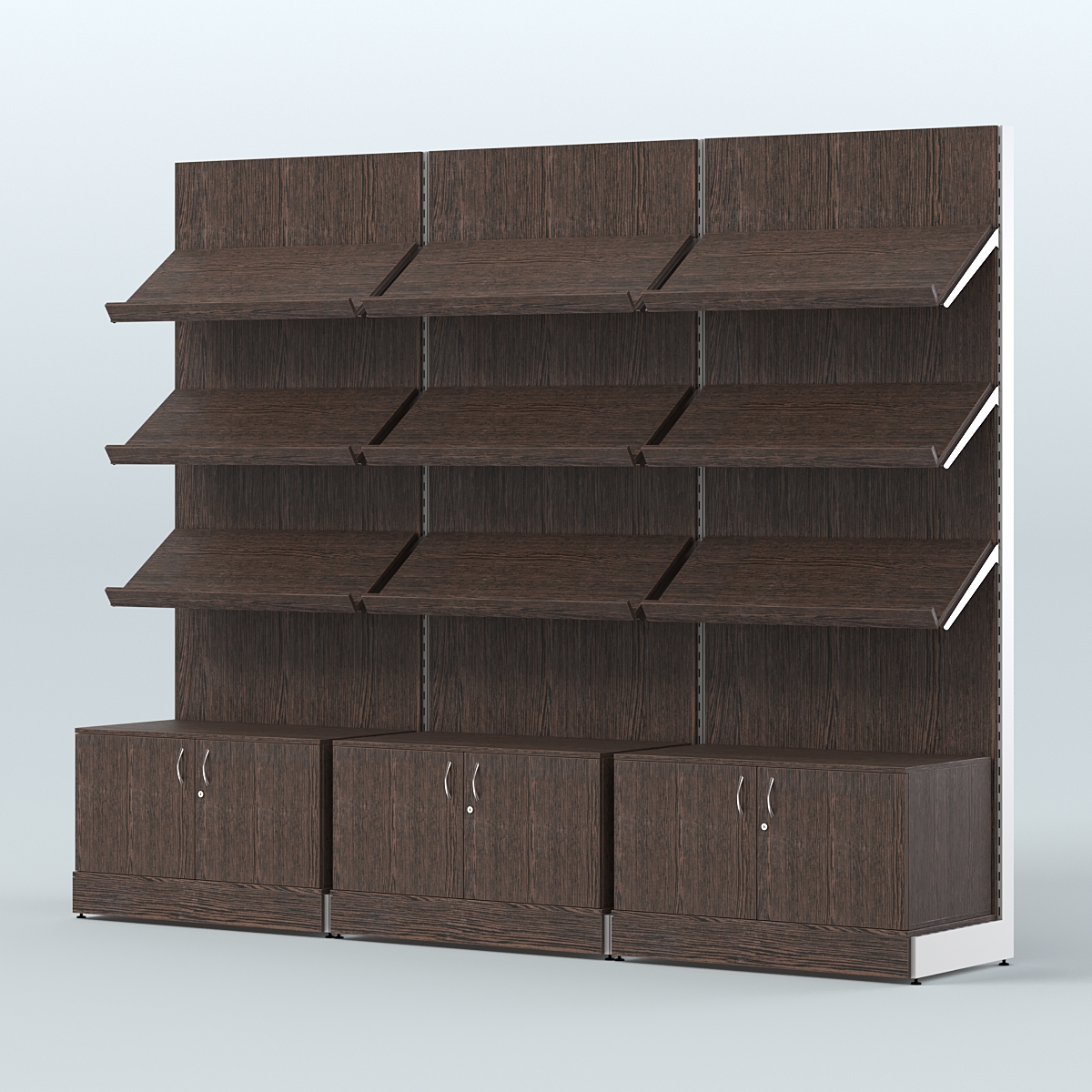 Стеллаж для хлеба и выпечки с тремя наклонными полками и накопителем трех-секционный СХНПН-03 Дуб Венге