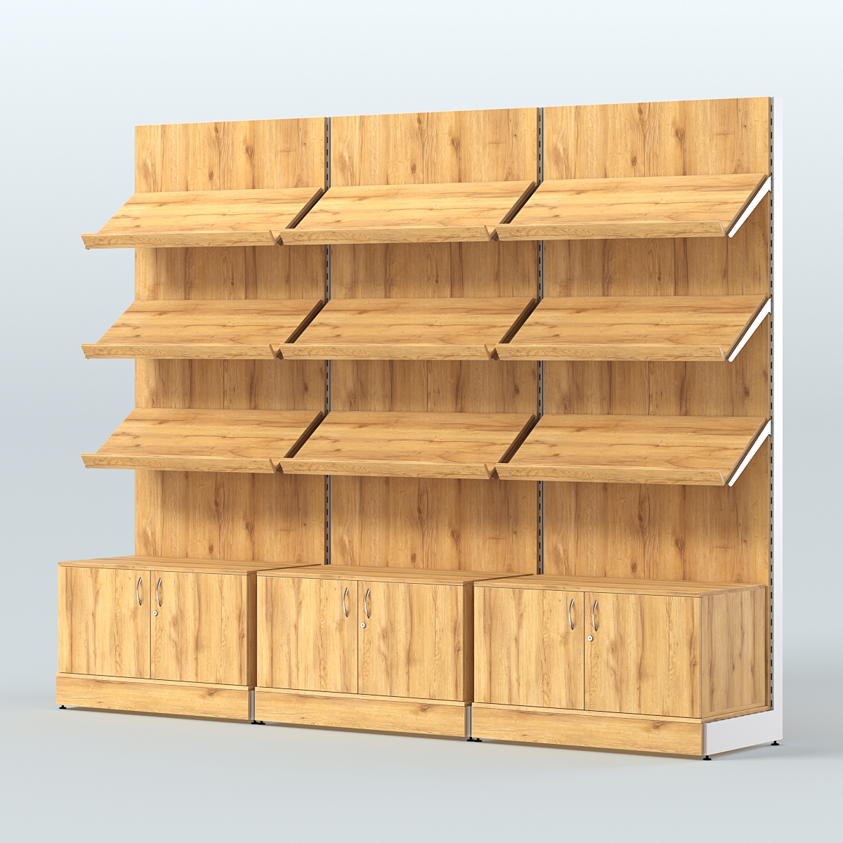 Стеллаж для хлеба и выпечки с тремя наклонными полками и накопителем трех-секционный СХНПН-03 Дуб Золотистый