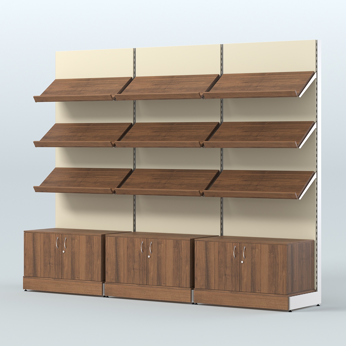 Стеллаж для хлеба и выпечки с тремя наклонными полками и накопителем трех-секционный СХНПН-03 Орех + Крем Вайс