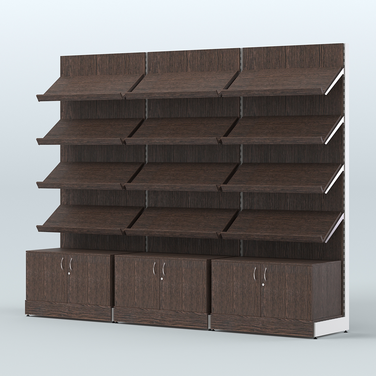 Стеллаж для хлеба и выпечки с четырьмя наклонными полками и накопителем трех-секционный СХНП-04 Дуб Венге