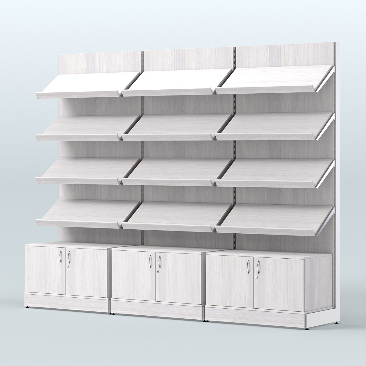 Стеллаж для хлеба и выпечки с четырьмя наклонными полками и накопителем трех-секционный СХНП-04 Ясень Анкор светлый