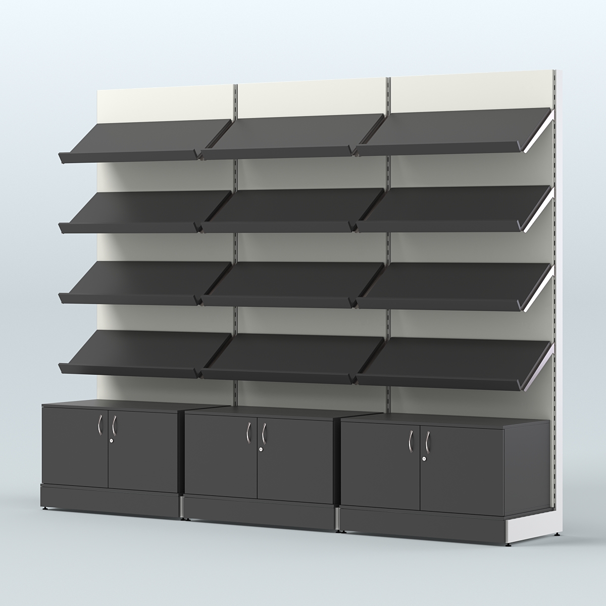 Стеллаж для хлеба и выпечки с четырьмя наклонными полками и накопителем трех-секционный СХНП-04 Черный и Белый