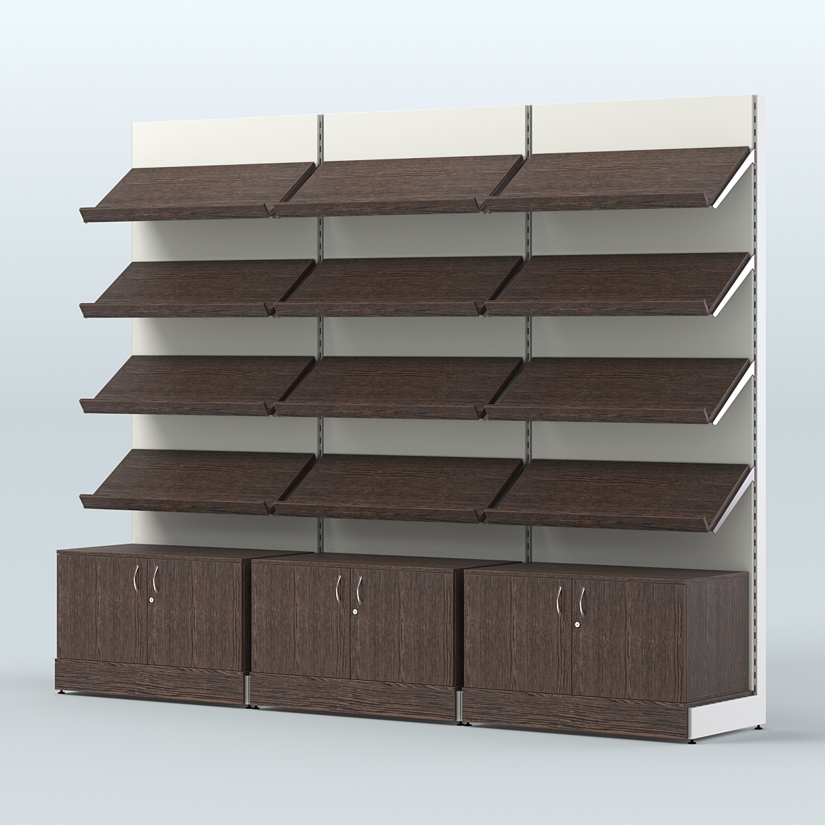 Стеллаж для хлеба и выпечки с четырьмя наклонными полками и накопителем трех-секционный СХНП-04 Дуб Венге + Белый