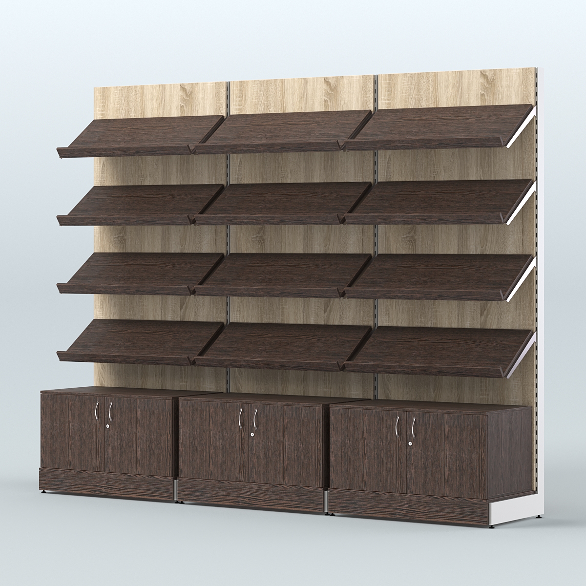 Стеллаж для хлеба и выпечки с четырьмя наклонными полками и накопителем трех-секционный СХНП-04 Дуб Сонома + Дуб Венге