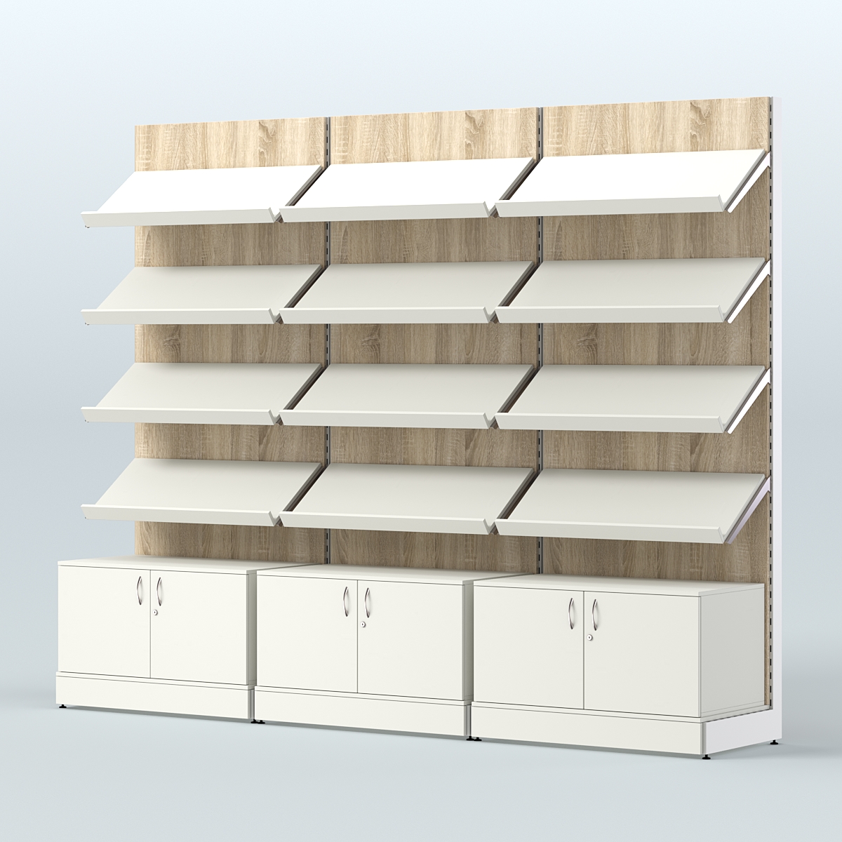 Стеллаж для хлеба и выпечки с четырьмя наклонными полками и накопителем трех-секционный СХНП-04 Белый + Дуб Сонома