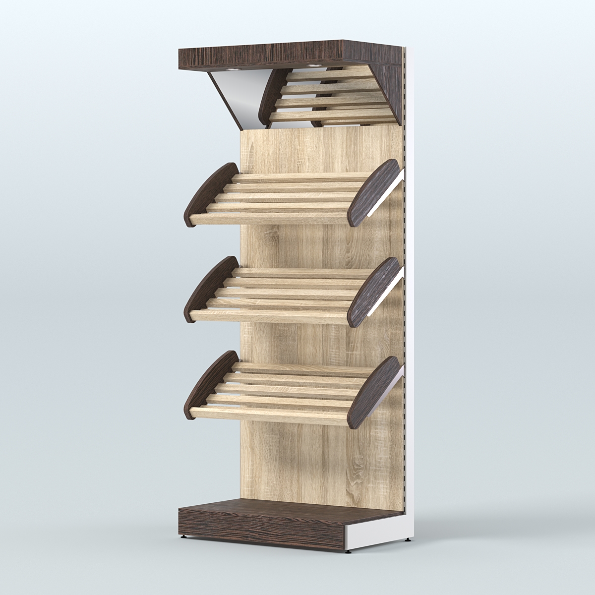 Стеллаж для хлеба и выпечки с тремя наклонными полками и зеркальным фризом СХНПФ-01 Дуб Венге + Дуб Сонома
