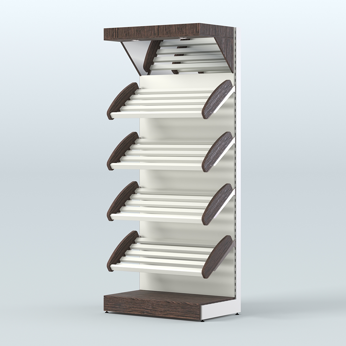 Стеллаж для хлеба и выпечки с четырьмя наклонными полками и зеркальным фризом СХНПФ-02 Дуб Венге + Белый