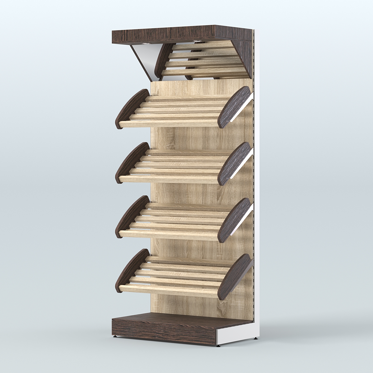 Стеллаж для хлеба и выпечки с четырьмя наклонными полками и зеркальным фризом СХНПФ-02 Дуб Венге + Дуб Сонома