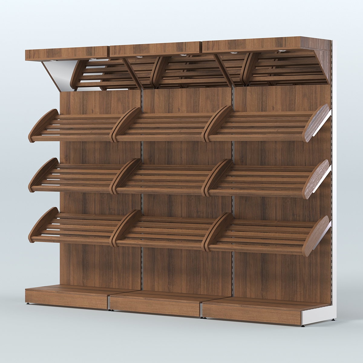 Стеллаж для хлеба и выпечки с тремя наклонными полками и зеркальным фризом трех-секционный СХНПФ-03 Орех