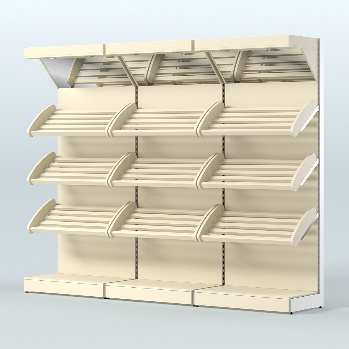Стеллаж для хлеба и выпечки с тремя наклонными полками и зеркальным фризом трех-секционный СХНПФ-03 Крем Вайс