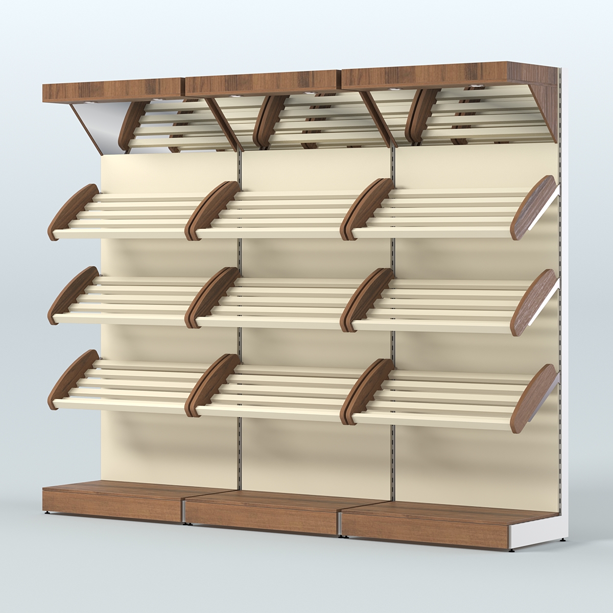 Стеллаж для хлеба и выпечки с тремя наклонными полками и зеркальным фризом трех-секционный СХНПФ-03 Орех + Крем Вайс