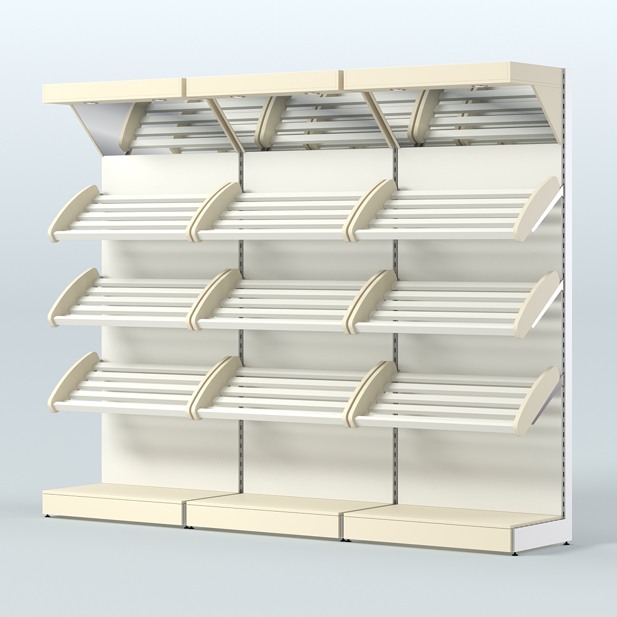 Стеллаж для хлеба и выпечки с тремя наклонными полками и зеркальным фризом трех-секционный СХНПФ-03 Крем Вайс + Белый