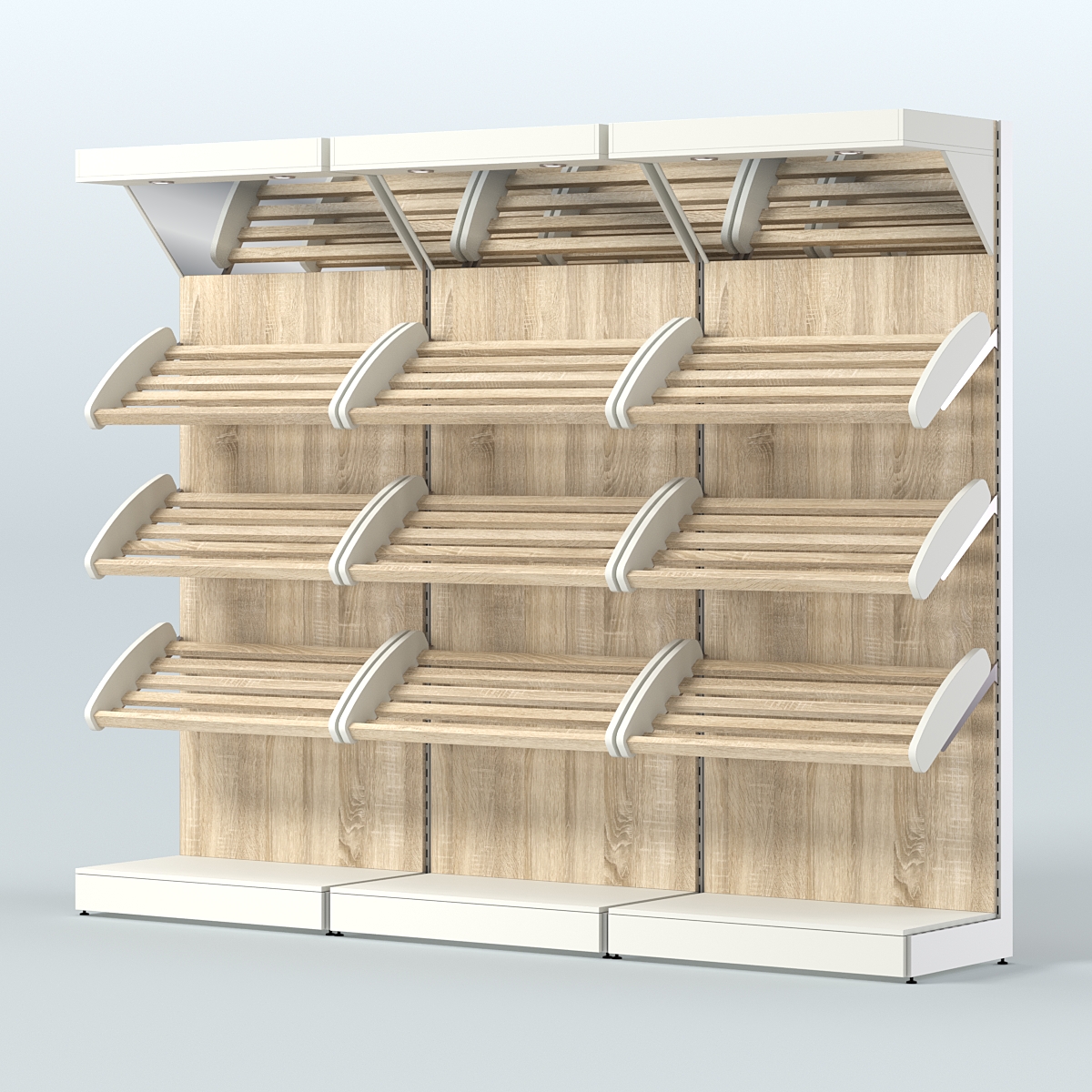 Стеллаж для хлеба и выпечки с тремя наклонными полками и зеркальным фризом трех-секционный СХНПФ-03 Белый + Дуб Сонома