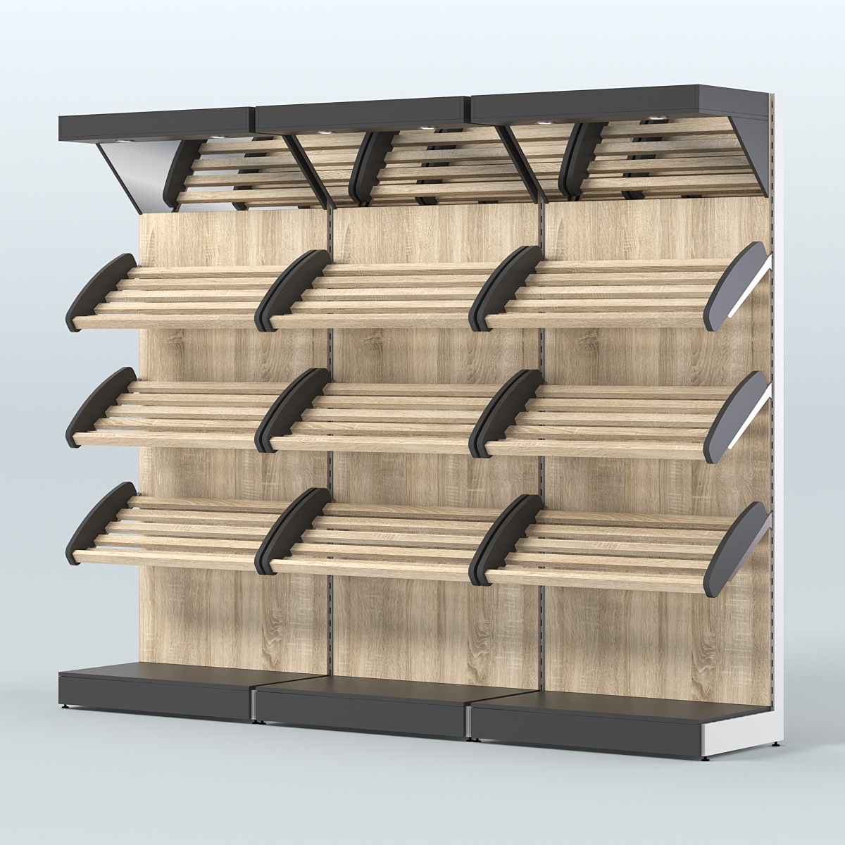 Стеллаж для хлеба и выпечки с тремя наклонными полками и зеркальным фризом трех-секционный СХНПФ-03 Черный + Дуб Сонома