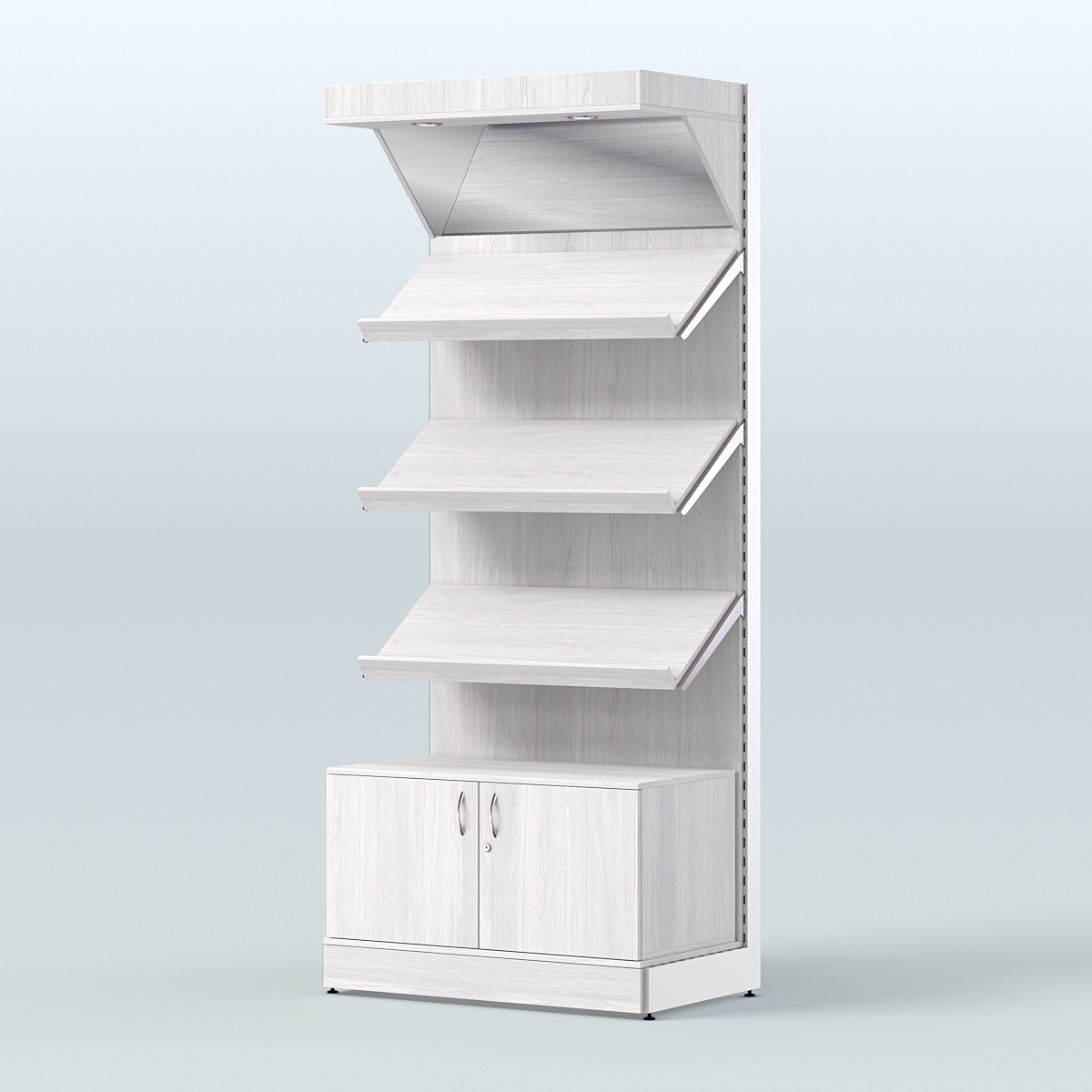 Стеллаж для хлеба и выпечки с тремя наклонными полками накопителем и фризом СХНПНФ-01 Ясень Анкор светлый