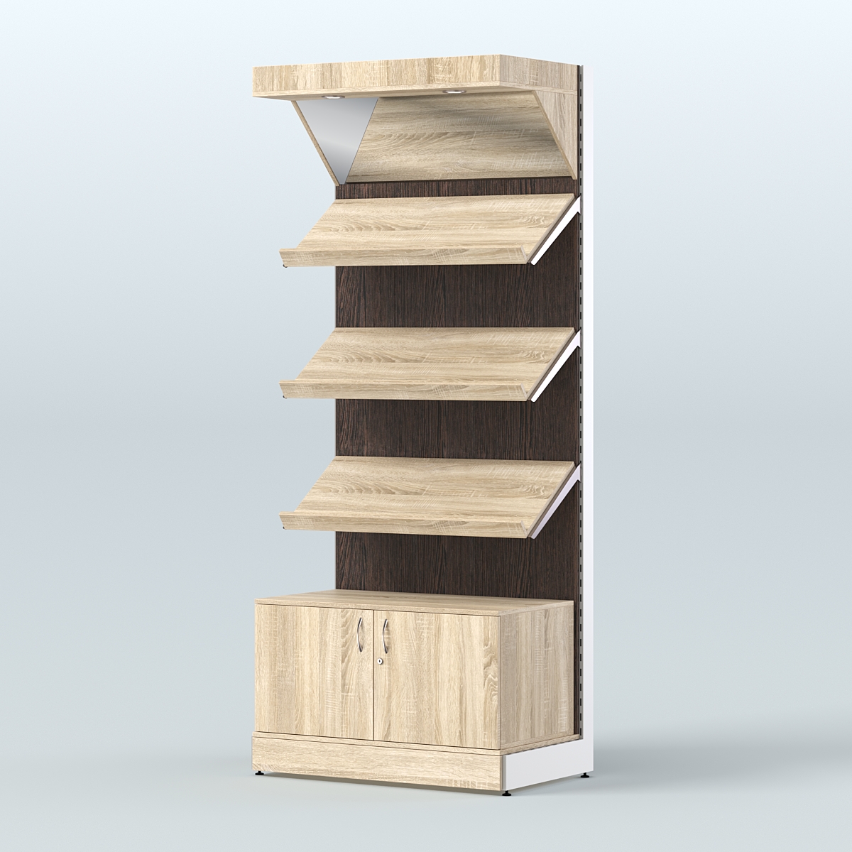 Стеллаж для хлеба и выпечки с тремя наклонными полками накопителем и фризом СХНПНФ-01 Дуб Сонома + Дуб Венге