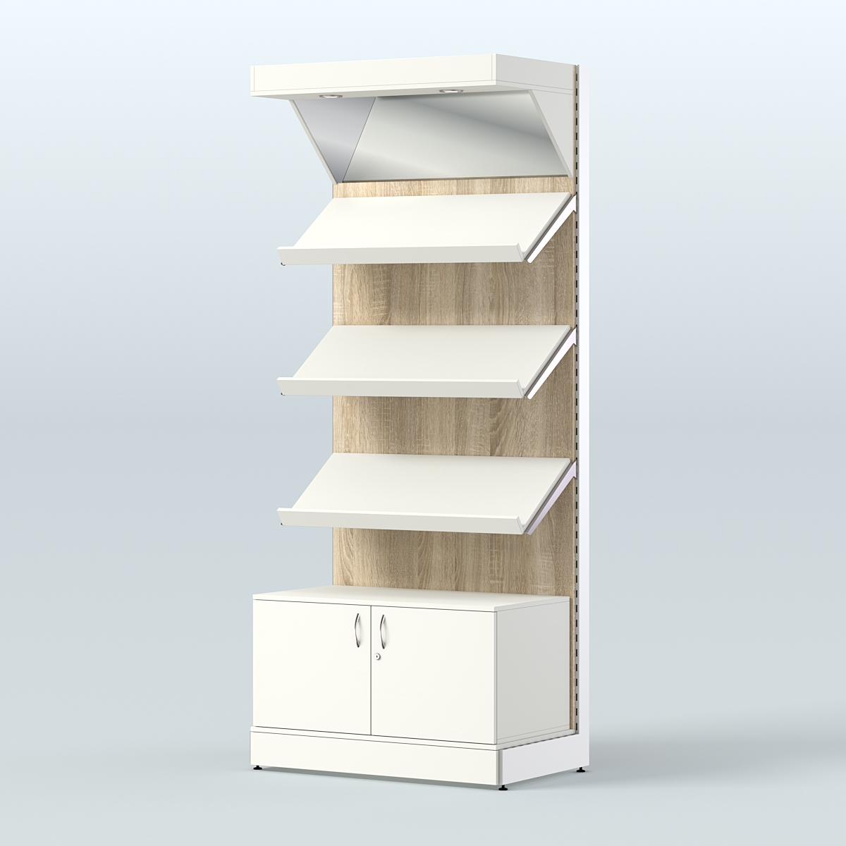 Стеллаж для хлеба и выпечки с тремя наклонными полками накопителем и фризом СХНПНФ-01 Белый + Дуб Сонома