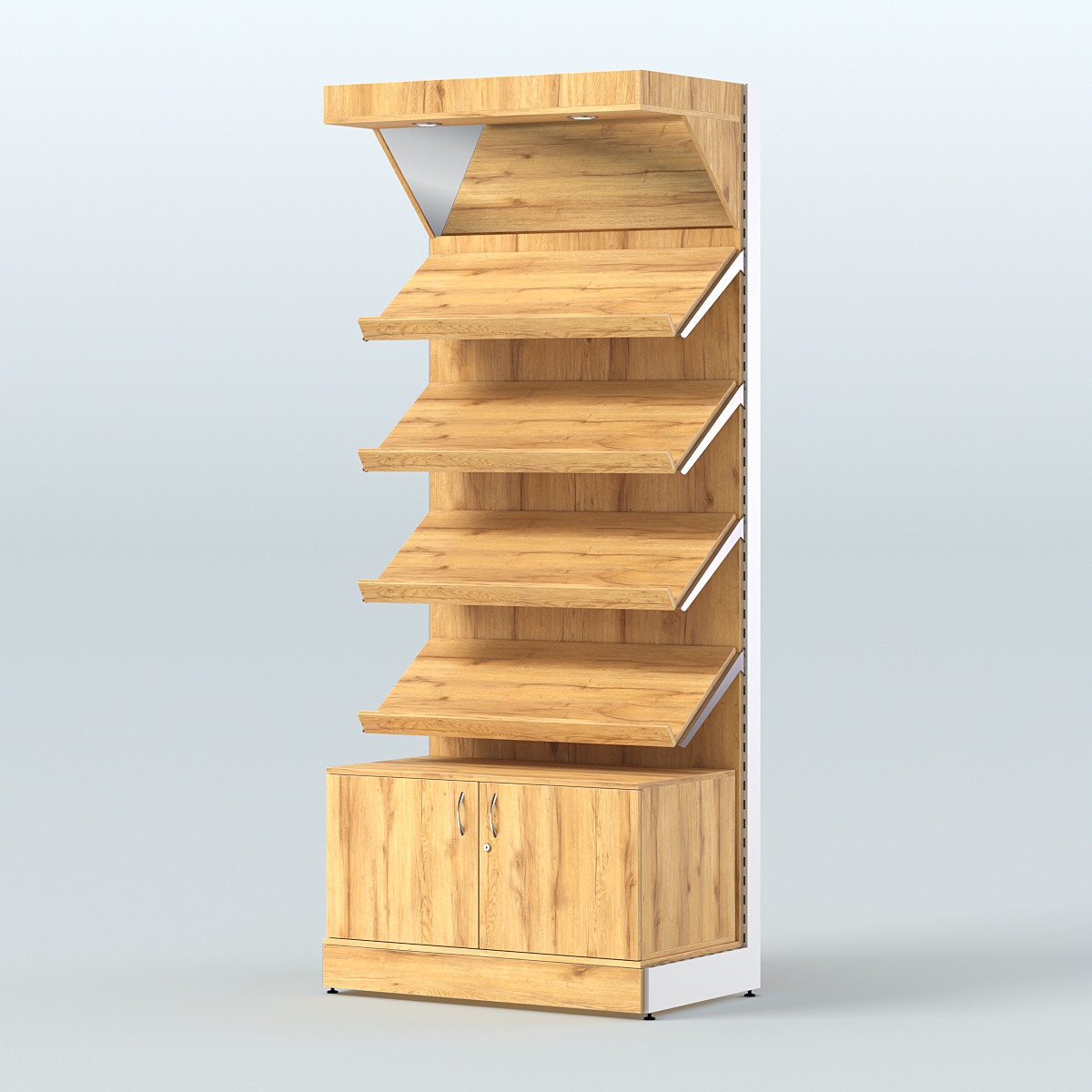 Стеллаж для хлеба и выпечки с четырьмя наклонными полками накопителем и фризом СХНПНФ-02 Дуб Золотистый