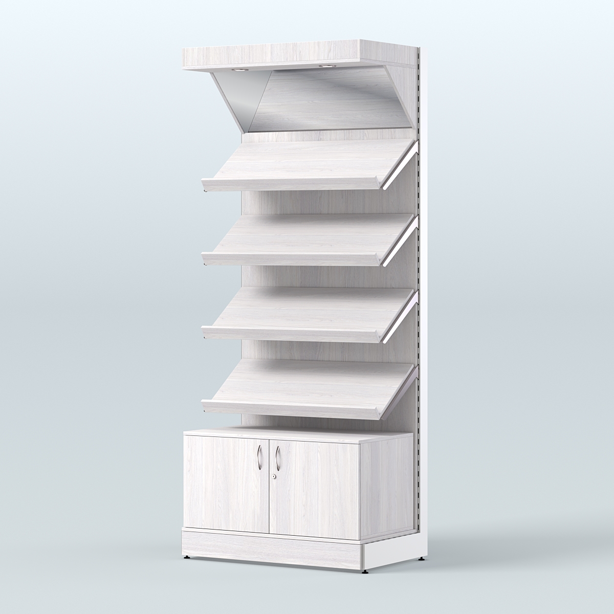 Стеллаж для хлеба и выпечки с четырьмя наклонными полками накопителем и фризом СХНПНФ-02 Ясень Анкор светлый