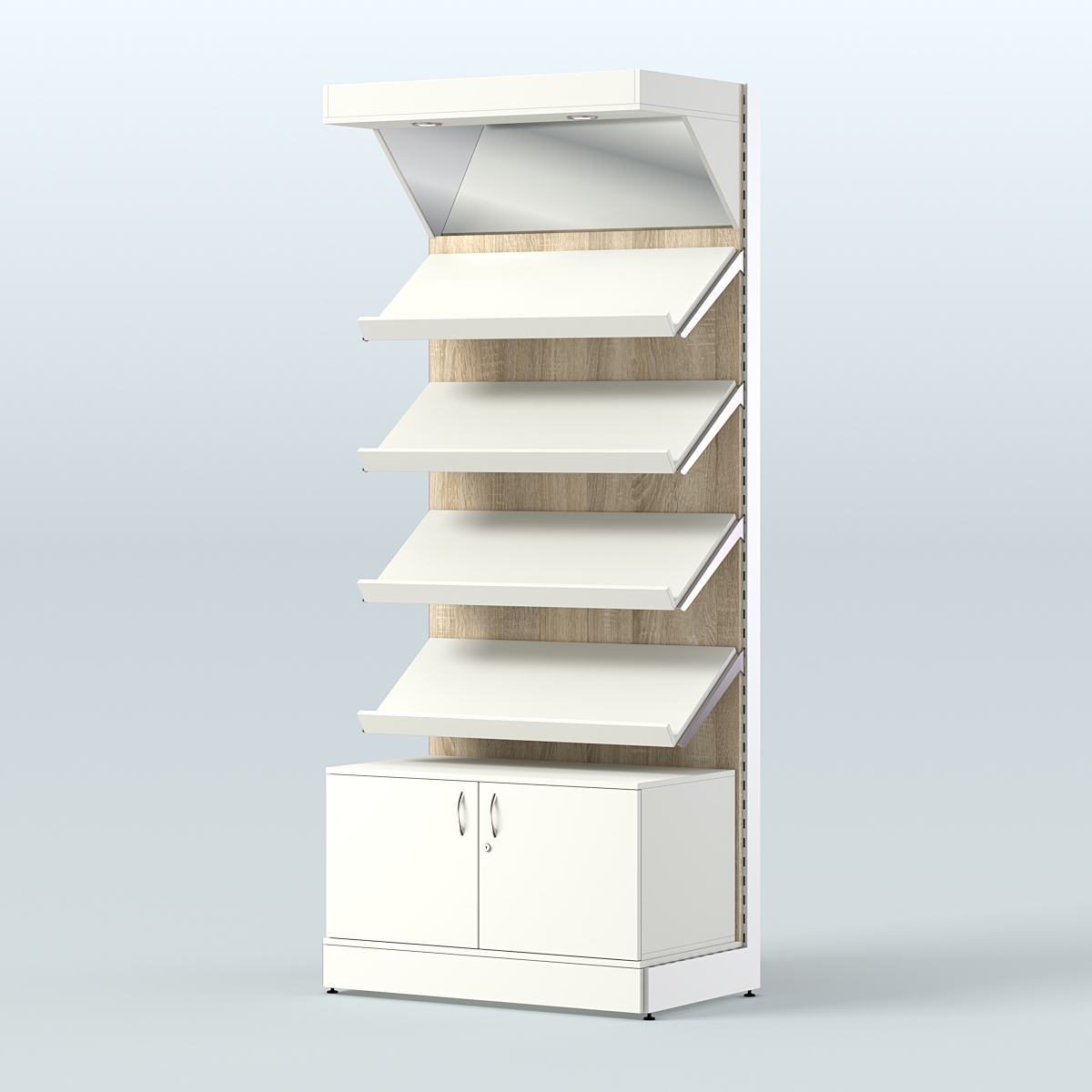 Стеллаж для хлеба и выпечки с четырьмя наклонными полками накопителем и фризом СХНПНФ-02 Белый + Дуб Сонома